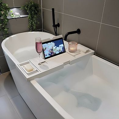 KSIZUIS White Bamboo Bathtub Tray - Spa Essentials Board with Accessories Holder