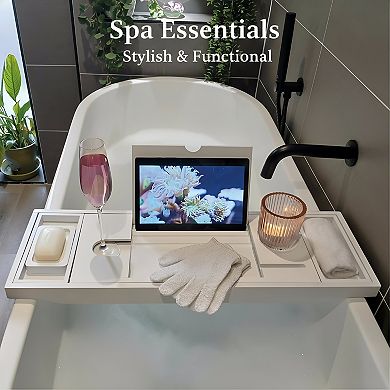 KSIZUIS White Bamboo Bathtub Tray - Spa Essentials Board with Accessories Holder
