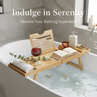 KSIZUIS Bamboo Bath & Breakfast Tray Combo with Folding Arms & Wine Glass Holder