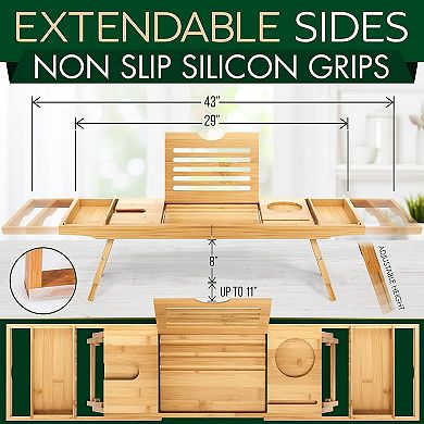 KSIZUIS Bamboo Bath & Breakfast Tray Combo with Folding Arms & Wine Glass Holder