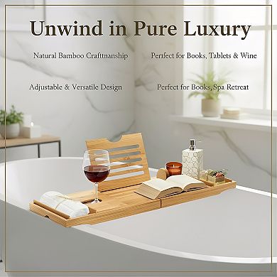 KSIZUIS Bamboo Bath & Breakfast Tray Combo with Folding Arms & Wine Glass Holder