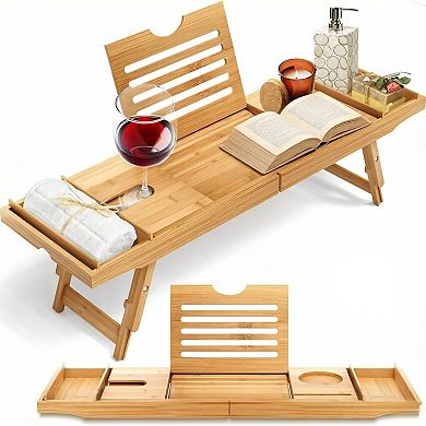 KSIZUIS Bamboo Bath & Breakfast Tray Combo with Folding Arms & Wine Glass Holder