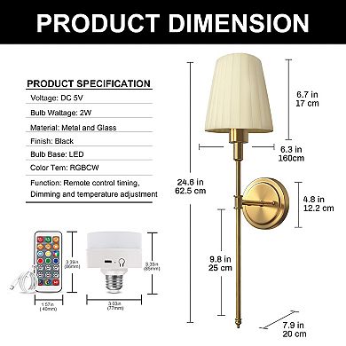 24.6in Modern Rechargeable Wall Sconce 2 Pack Gold Copper Fabric Shade 3600mAh Battery Remote