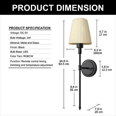 24.6in Modern Rechargeable Wall Sconce 2 Pack Matte Black Fabric Shade 3600mAh Battery Remote