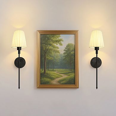 24.6in Modern Rechargeable Wall Sconce 2 Pack Matte Black Fabric Shade 3600mAh Battery Remote