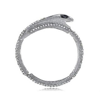 Vintage Silvery Toned Clear Crystal Rhinestone Black Gem Eyed Snake Slim Bangle Bracelet