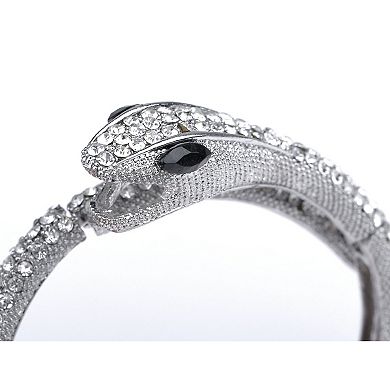 Vintage Silvery Toned Clear Crystal Rhinestone Black Gem Eyed Snake Slim Bangle Bracelet