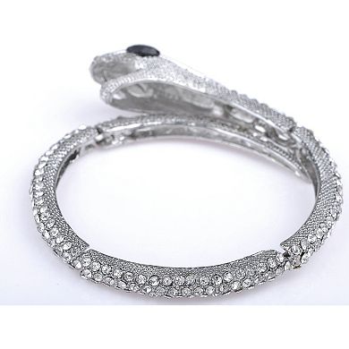 Vintage Silvery Toned Clear Crystal Rhinestone Black Gem Eyed Snake Slim Bangle Bracelet
