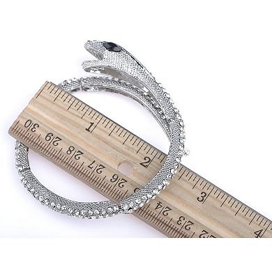 Vintage Silvery Toned Clear Crystal Rhinestone Black Gem Eyed Snake Slim Bangle Bracelet
