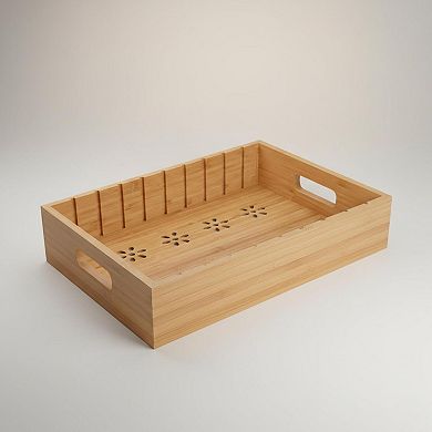 Bamboo Storage Tray with 5 Custom Dividers Deep Drawer Organizer for Kitchen Office Living Room