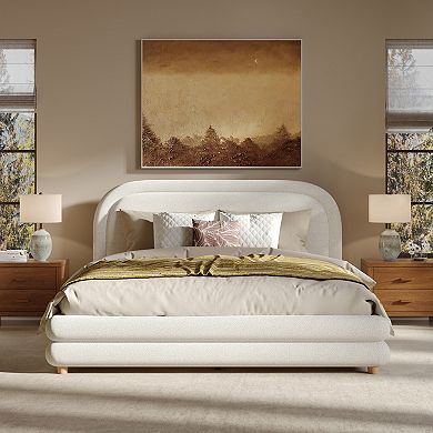 Pnronnc Thick Boucle Curved Wingback Bed Upholstered Platform Bed