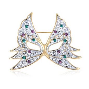 Womens Golden Tone Green Purple Rhinestones Masquerade Ball Butterfly Mask Brooch Pin