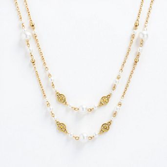 Women's Layered Pearl Beaded Necklace with Gold Filigree Accents 31.5in/39.5in
