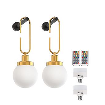 17.3 in Gold Wall Sconces 2 Pack Frosted Glass Globe Shade Includes Rechargeable Smart Bulbs RGBCW