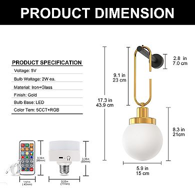 17.3in Gold Wall Sconces 2 Pack Frosted Glass Globe Shade Includes Rechargeable Smart Bulbs RGBCW
