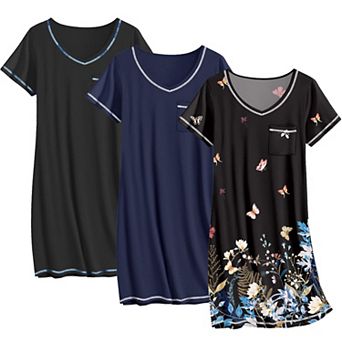 Ekouaer Three Pack Nightgowns Sleep Shirts T Shirt Night Gown V Neck Nightshirts Soft Dress
