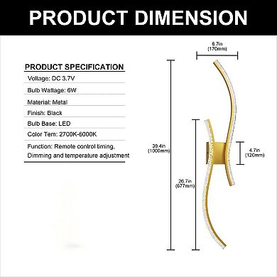 39.4in Rechargeable LED Wall Lights 2 Pack Gold Double Wave Design 6W Remote Dimmable