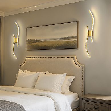 39.4in Rechargeable LED Wall Lights 2 Pack Gold Double Wave Design 6W Remote Dimmable