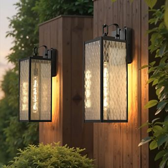 18 in Outdoor Wall Sconce 2 Pack Black Clear Textured Glass Light Sensor E26 Base for Patio
