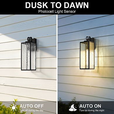 18in Outdoor Wall Sconce 2 Pack Black Clear Textured Glass Light Sensor E26 Base for Patio