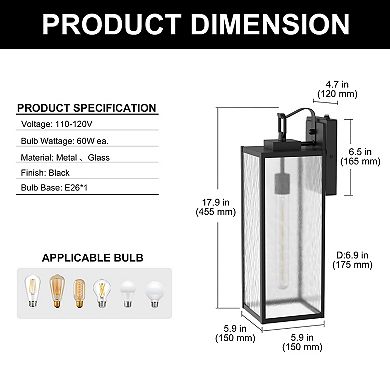 18in Outdoor Wall Sconce 2 Pack Black Clear Textured Glass Light Sensor E26 Base for Patio