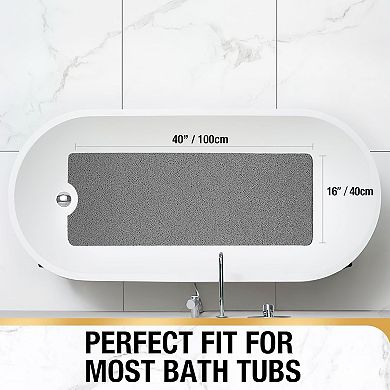 KSIZUIS Extra Long Non-Slip Bathtub Mat40"x16"Grey PVC,Quick-Drying with Drain Holes,No Suction Cups