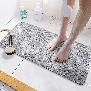 KSIZUIS Extra Long Non-Slip Bathtub Mat40"x16"Grey PVC,Quick-Drying with Drain Holes,No Suction Cups