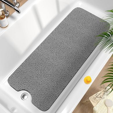KSIZUIS Extra Long Non-Slip Bathtub Mat40"x16"Grey PVC,Quick-Drying with Drain Holes,No Suction Cups