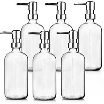 KSIZUIS 6-Pack 17 oz Clear Glass Soap Dispensers with Pumps & Labels for Bathroom & Kitchen