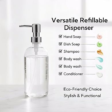 KSIZUIS 6-Pack 17 oz Clear Glass Soap Dispensers with Pumps & Labels for Bathroom & Kitchen