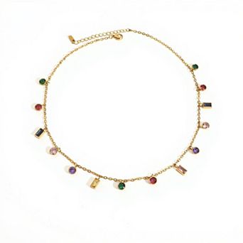 Women's Dainty Gemstone Charm Necklace with Mini Dangling Crystal Accents and Delicate Chain