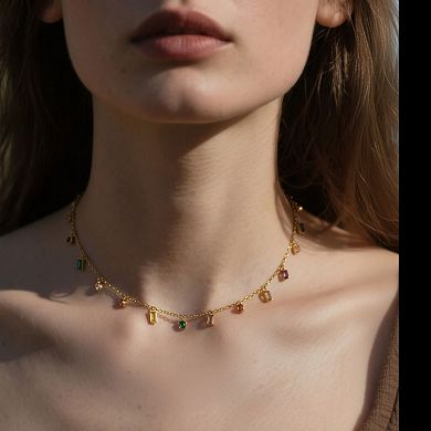 Women's Dainty Gemstone Charm Necklace with Mini Dangling Crystal Accents and Delicate Chain