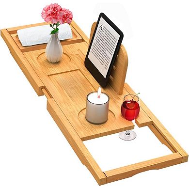 KSIZUIS Premium Bamboo Expandable Bathtub Tray Caddy - Fits Most Tubs & Bath Tables