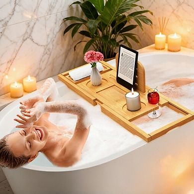 KSIZUIS Premium Bamboo Expandable Bathtub Tray Caddy - Fits Most Tubs & Bath Tables