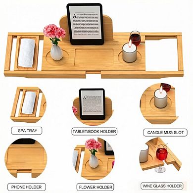 KSIZUIS Premium Bamboo Expandable Bathtub Tray Caddy - Fits Most Tubs & Bath Tables