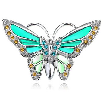 Womens Silvery Tone Turquoise Rhinestones Green Butterfly Brooch Pin