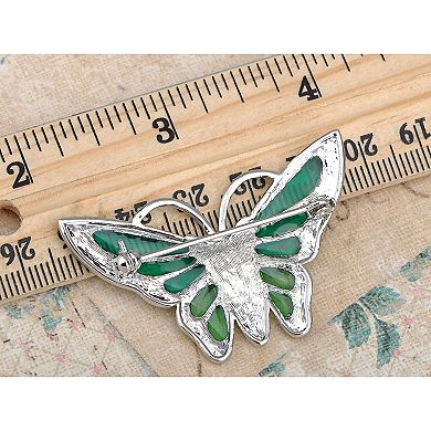 Womens Silvery Tone Turquoise Rhinestones Green Butterfly Brooch Pin