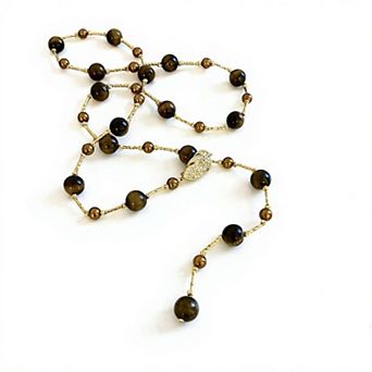 Women's Beaded Necklace with Polished Round Beads and Crystal Leaf Accent