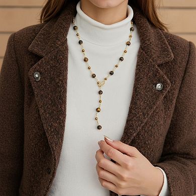 Women's Beaded Necklace with Polished Round Beads and Crystal Leaf Accent