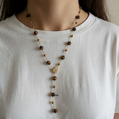 Women's Beaded Necklace with Polished Round Beads and Crystal Leaf Accent