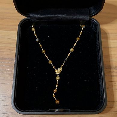 Women's Beaded Necklace with Polished Round Beads and Crystal Leaf Accent