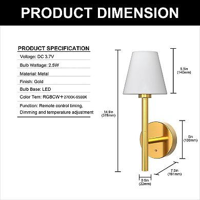 14.9in Rechargeable Smart Wall Light 2 Pack Gold Fabric Shade RGBCW APP Remote Dimmable