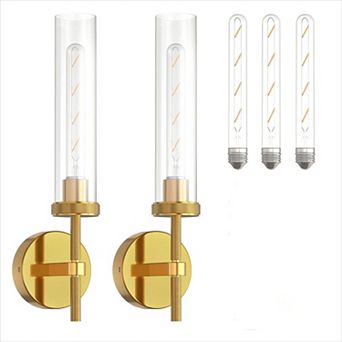 18.2 in Rechargeable Wall Sconce 2 Pack Gold Clear Glass Cylinder Shade Remote Dimmable Timer