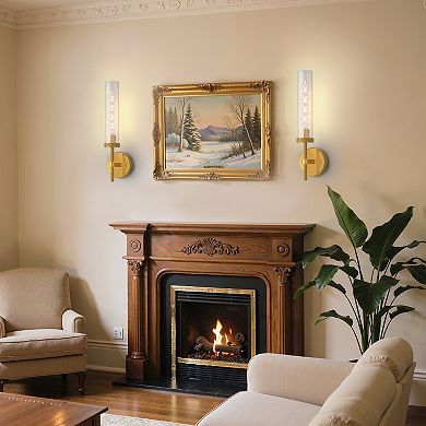 18.2in Rechargeable Wall Sconce 2 Pack Gold Clear Glass Cylinder Shade Remote Dimmable Timer