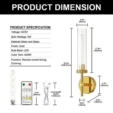 18.2in Rechargeable Wall Sconce 2 Pack Gold Clear Glass Cylinder Shade Remote Dimmable Timer