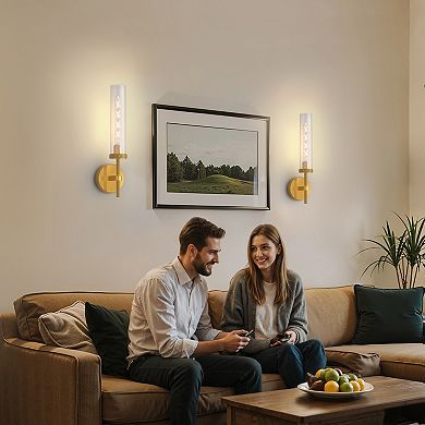 18.2in Rechargeable Wall Sconce 2 Pack Gold Clear Glass Cylinder Shade Remote Dimmable Timer