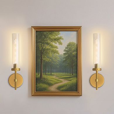 18.2in Rechargeable Wall Sconce 2 Pack Gold Clear Glass Cylinder Shade Remote Dimmable Timer