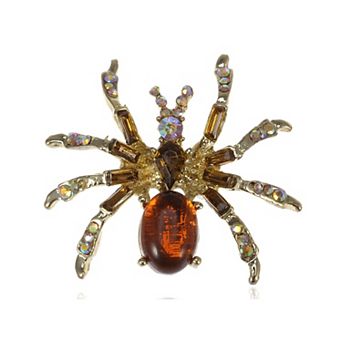 Warm Amber Golden Crystal Rhinestone Spider Fashion Jewelry Pin Brooch