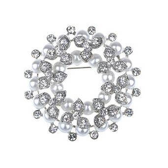 Women Faux Pearls Clear Crystal Rhinestones Flower Wreath Floral Brooch Pin Wedding Bridal