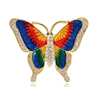 Womens Golden Tone Clear Rhinestones Colorful Butterfly Insect Brooch Pin